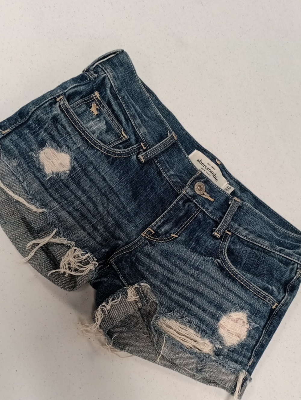 Abercrombie & Fitch Distressed Denim Shorts in Dark Blue